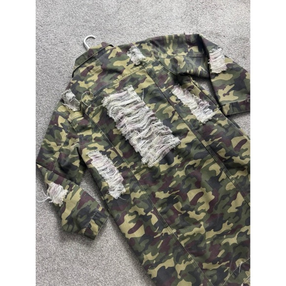 Thrill Jeans Long Camouflage Jean Jacket Distressed Button Up Green Large